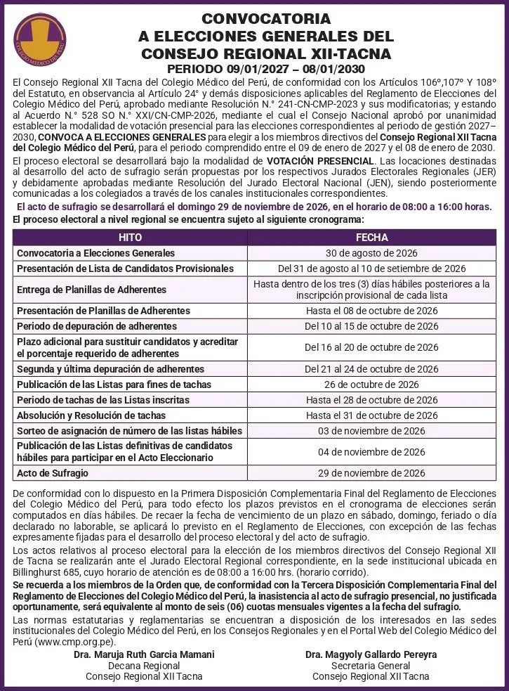 Convocatoria a elecciones generales del Consejo Regional XII Tacna del Colegio Médico del Perú
