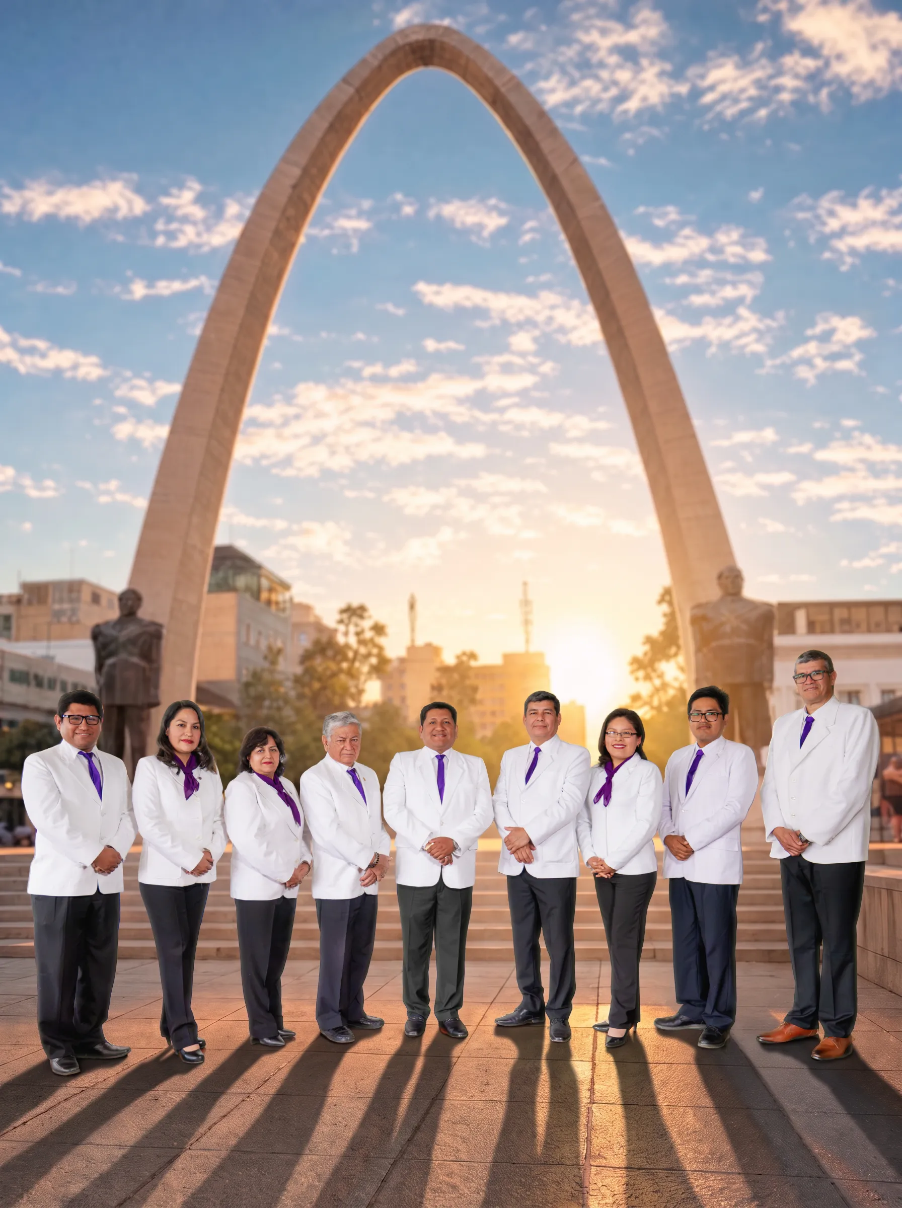 Los nueve integrantes de la lista Renovación Médica Tacna frente al Arco Parabólico de Tacna